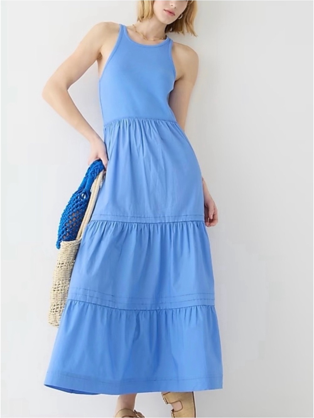 J.Crew Rib High-Neck Cutaway Tank Dress with tiered Poplin Skirt